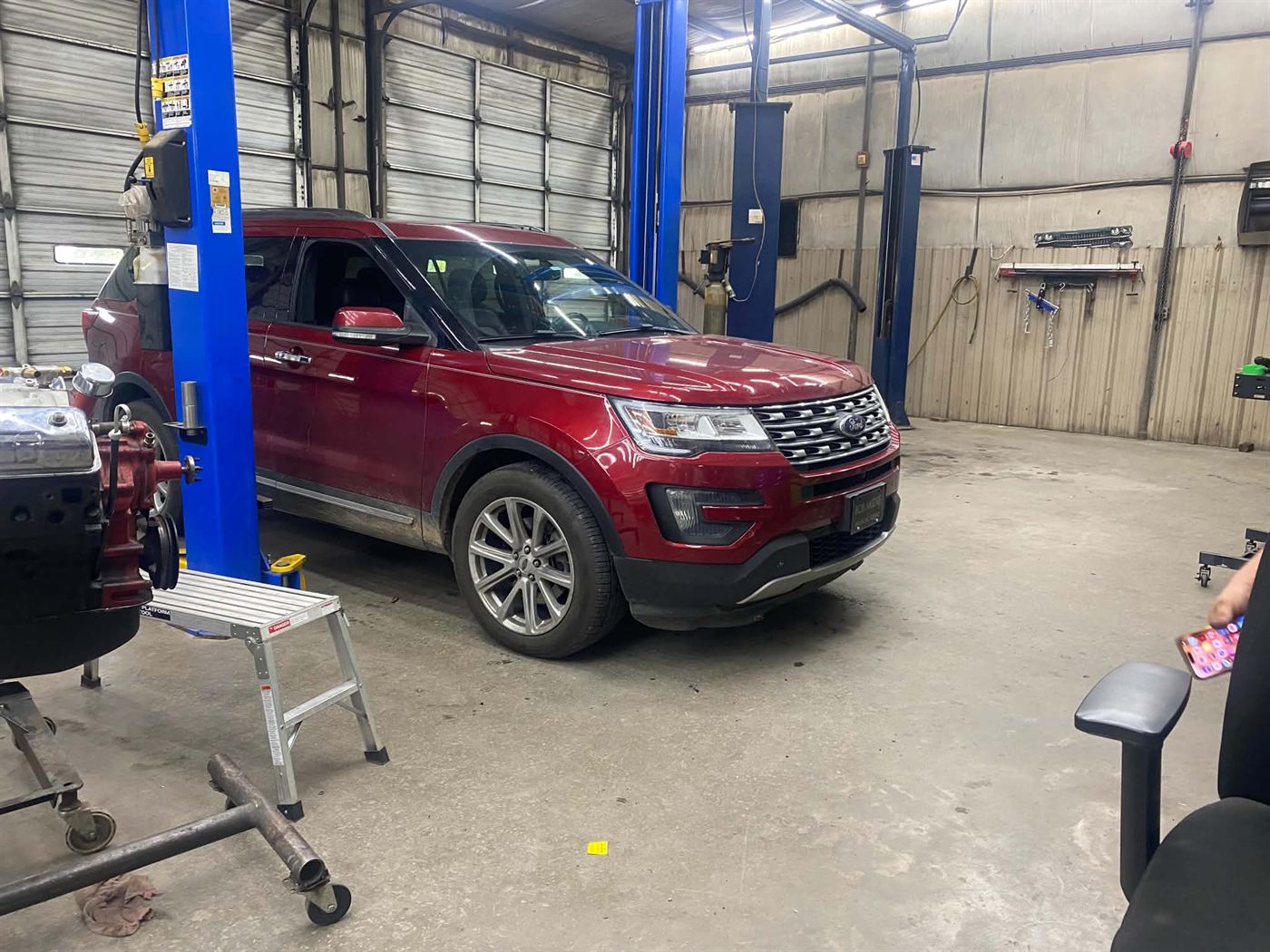 Ford Explorer up on the lift at Country Auto Service in McLoud, OK